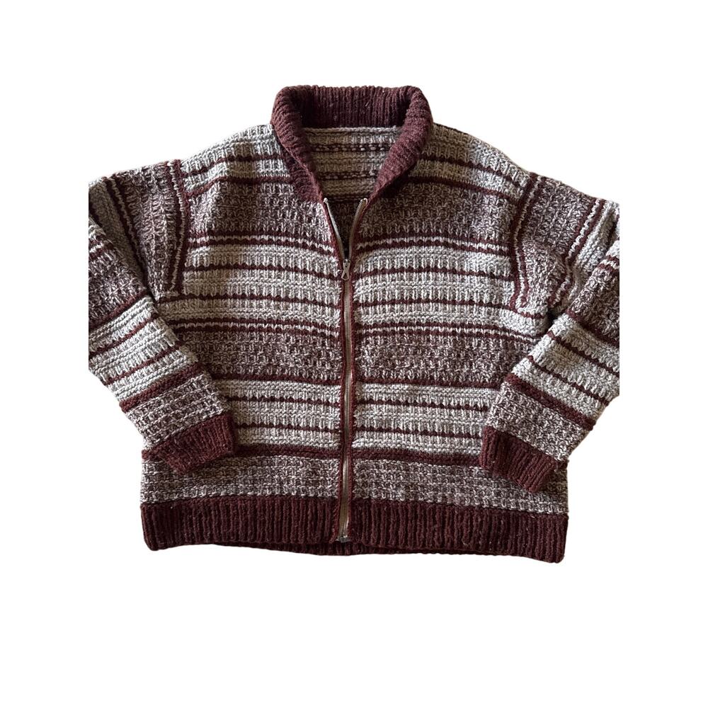 Vintage 50s 60s Cowichan Wool Sweater Brown Stripe Flash Zip Mens L XL